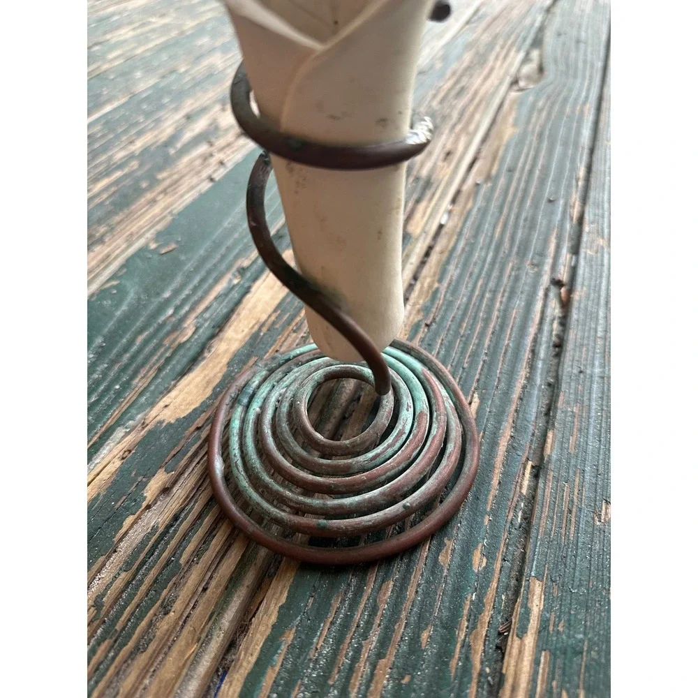 Artisan Ceramic Leaf Bud Vase with Spiral Copper Verdigris Patina Stand A3225